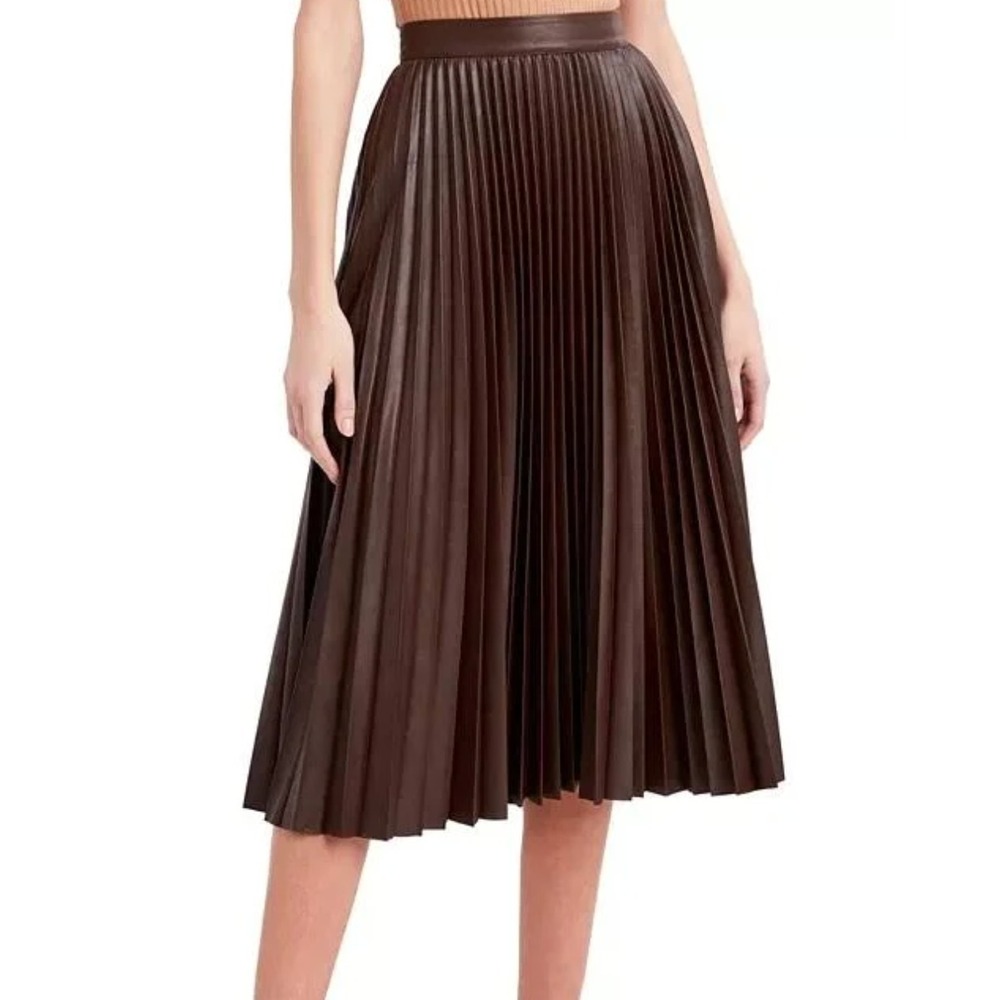 BCBGMAXAZRIA Faux Leather Pleated Skirt Coffee Bean Brown Midi Womens Size M